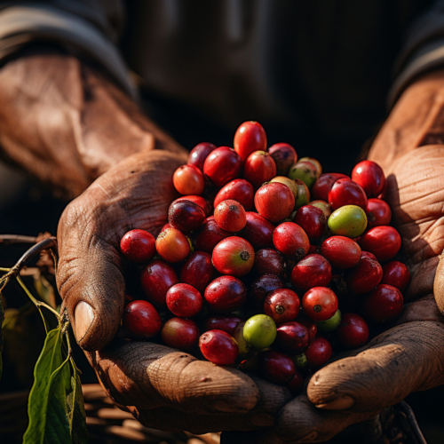 Robusta and arabica coffee berries with agriculturist hands.
